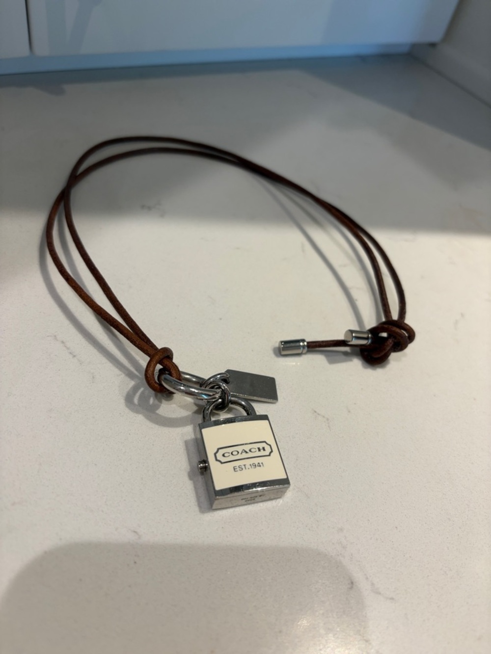 RARE / Vintage Coach Brown Leather Cord Necklace Watch with Silver Padlock